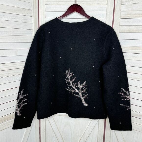 Frost Hand Knit Iced Tree Branches Beaded Wool Cardigan Sweater Black Large - Picture 8 of 11